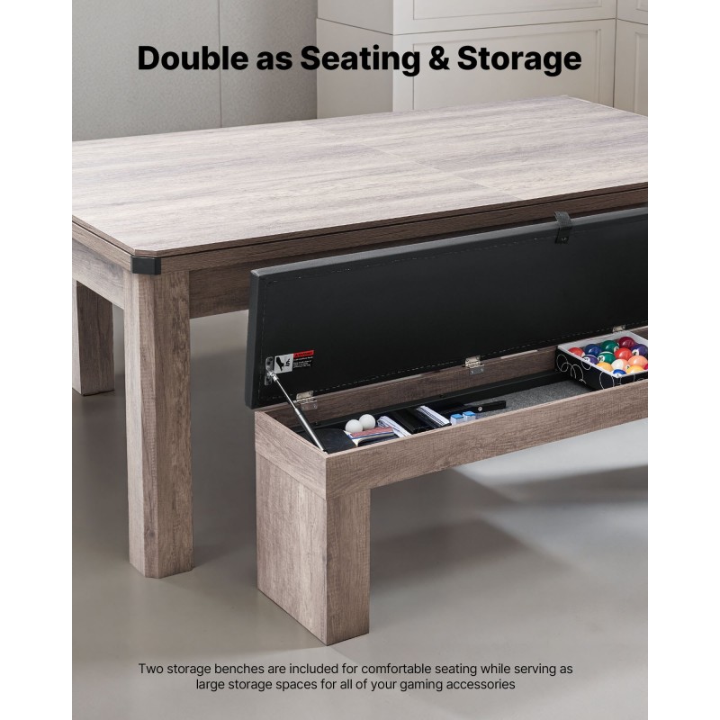 Biljardipöytä 214 cm kolmitoiminen pingis ja ruokapöytä 2 säilytyspenkkiä