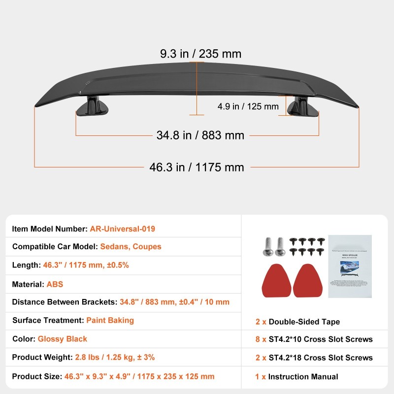 Takaspoileri ABS-muovista 1175 mm kiiltävän musta yleismalli sedaneihin ja coupéihin