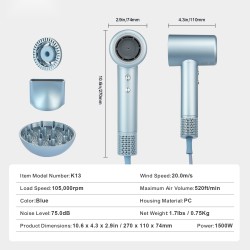 Hiustenkuivain polykarbonaattikotelo neljä lämpötilaa kolme nopeutta kaksisataa miljoonaa ionia sininen