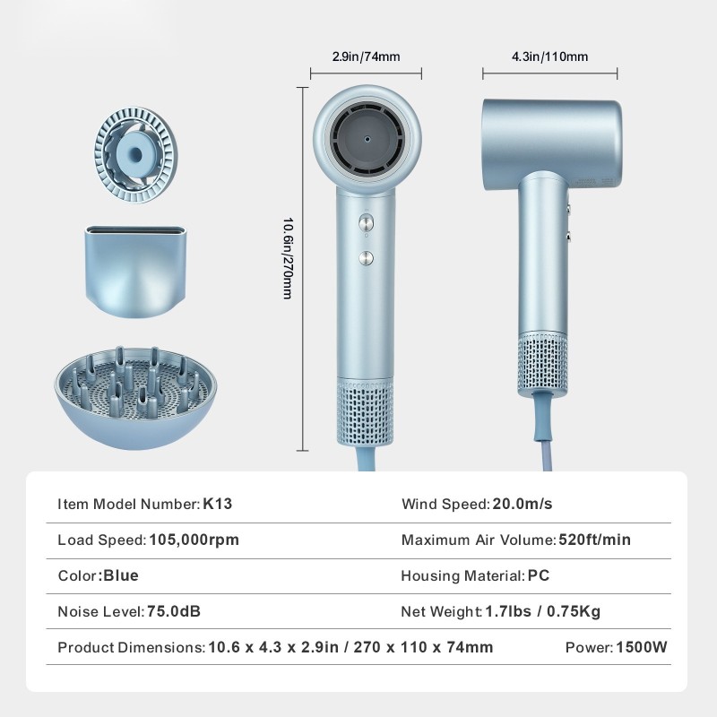 Hiustenkuivain polykarbonaattikotelo neljä lämpötilaa kolme nopeutta kaksisataa miljoonaa ionia sininen
