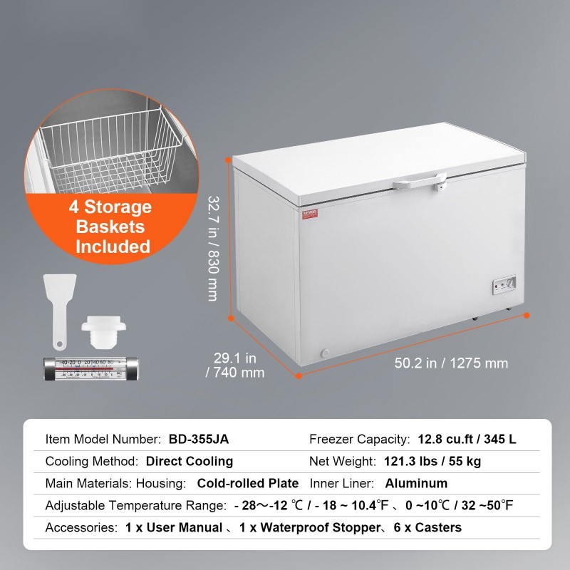 Arkkupakastin 345 litraa 4 irrotettavaa koria lukittava kansi seitsemänportainen lämpötilansäätö