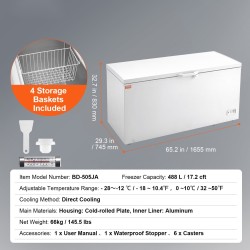 Arkkupakastin 488 l 4 irrotettavaa koria 7-portainen lämpötilansäätö LED-valaistus lukittava kansi