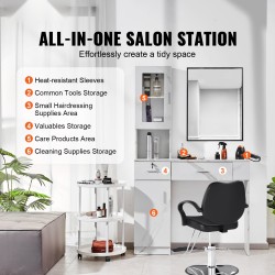 Salonkitaso seinäasennettava MDF hiussalongiin kaksi laatikkoa yksi lukittava kolme lokeroa yksi kaappi