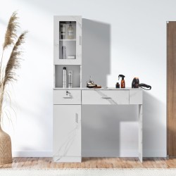 Salonkitaso seinäasennettava MDF hiussalongiin kaksi laatikkoa yksi lukittava kolme lokeroa yksi kaappi