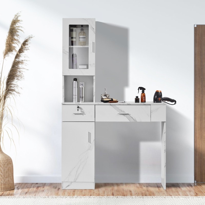 Salonkitaso seinäasennettava MDF hiussalongiin kaksi laatikkoa yksi lukittava kolme lokeroa yksi kaappi