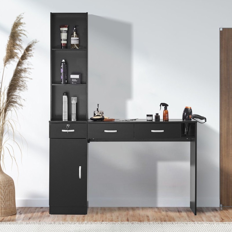 Seinäkiinnitteinen kampaamoasema MDF-runkoinen mattamusta 1 ovikaappi 3 avolokeroa 3 laatikkoa