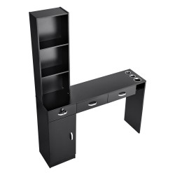 Seinäkiinnitteinen kampaamoasema MDF-runkoinen mattamusta 1 ovikaappi 3 avolokeroa 3 laatikkoa