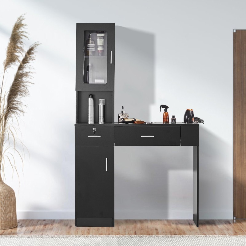 Seinälle asennettava mattamusta salonkikaluste yksi kaappi kolme lokeroa kaksi laatikkoa lukittava