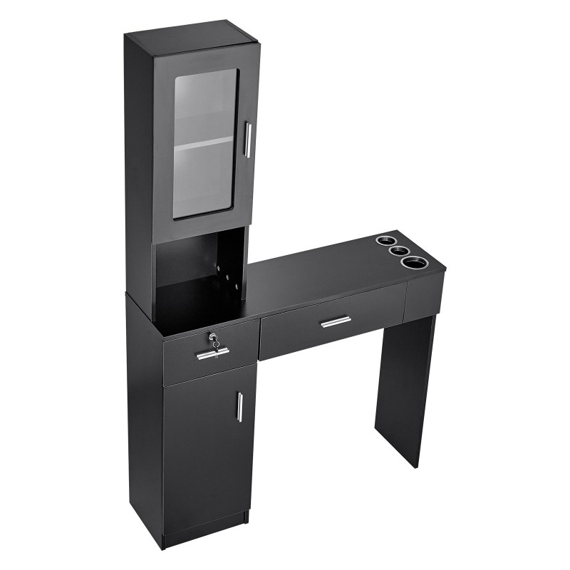 Seinälle asennettava mattamusta salonkikaluste yksi kaappi kolme lokeroa kaksi laatikkoa lukittava