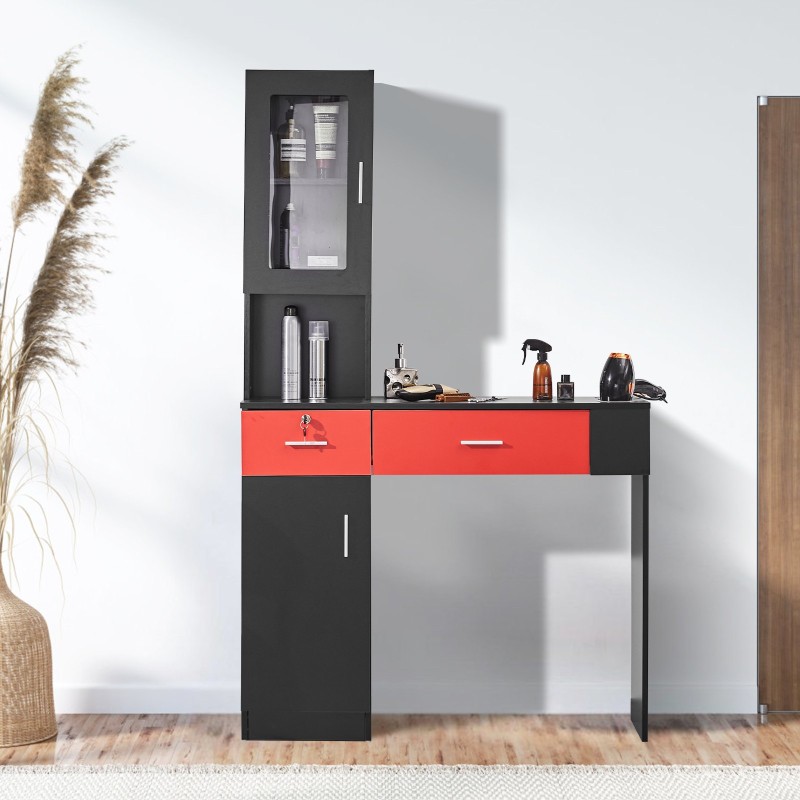 Seinä- ja vapaasti seisova kampaamoasema MDF-levyä 1 kaappi 3 lokeroa 2 laatikkoa