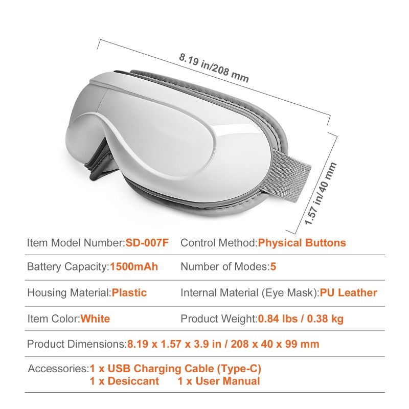 Lämmitettävä silmänaamio PU-nahkainen 5 hierontatilaa langaton musiikki 1500mAh akku 180 astetta taittuva