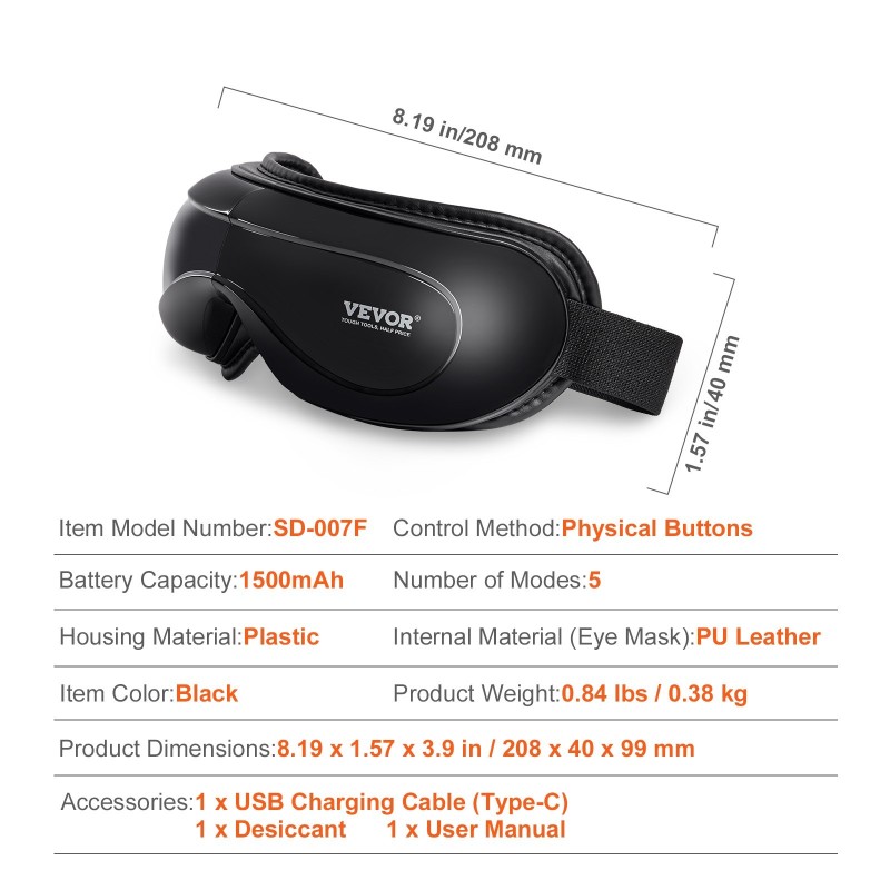 Lämmitettävä silmänaamio 5 hierontatilaa Bluetoothilla PU-nahkainen sisäosa musta taitettava 1500mAh