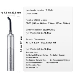 Kädessä pidettävä ladattava punavalolaite kasvoille ja keholle irrotettavalla kärjellä viidellä aallonpituudella