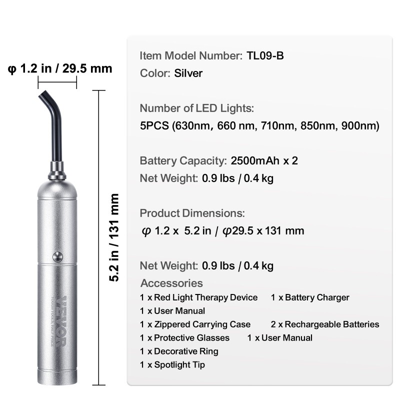 Kädessä pidettävä ladattava punavalolaite kasvoille ja keholle irrotettavalla kärjellä viidellä aallonpituudella
