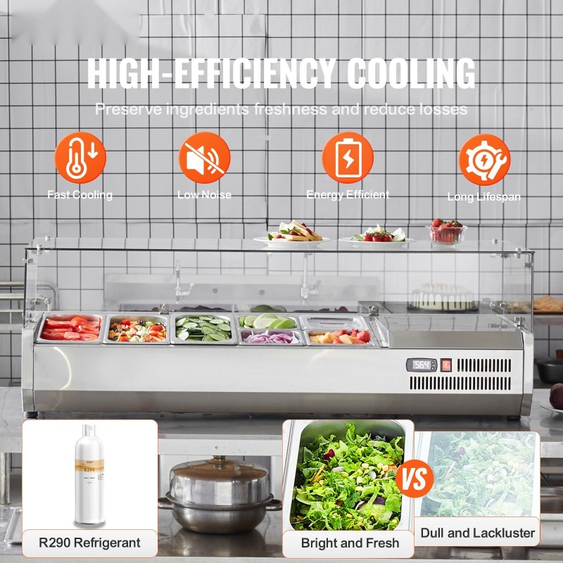 Pöytämallinen kylmäkastikeasema 304 ruostumatonta terästä lasisuoja 3 kpl 1/3-astioita 4 kpl 1/6-astioita