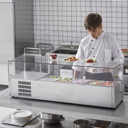 Pöytämallinen kylmäkastikeasema 304 ruostumatonta terästä lasisuoja 3 kpl 1/3-astioita 4 kpl 1/6-astioita