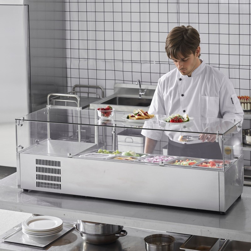 Pöytämallinen kylmäkastikeasema 304 ruostumatonta terästä lasisuoja 3 kpl 1/3-astioita 4 kpl 1/6-astioita