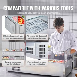 Työtason jäähdytetty lisäketaso ruostumattomasta teräksestä kuudella astiolla karkaistulla lasisuojalla