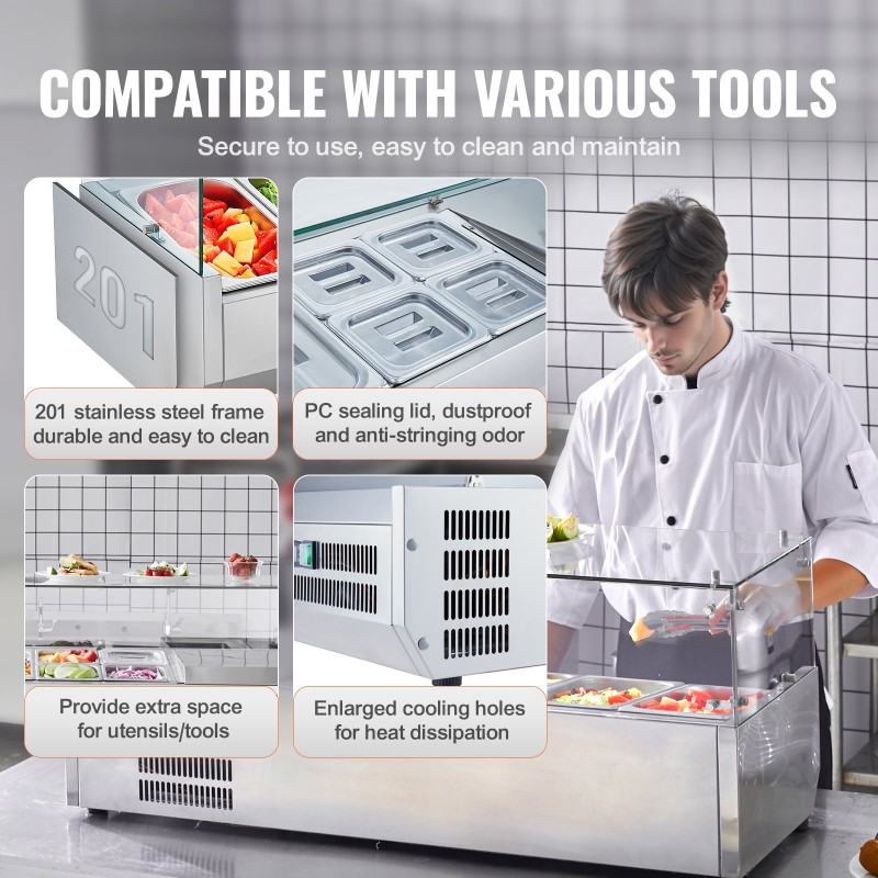 Työtason jäähdytetty lisäketaso ruostumattomasta teräksestä kuudella astiolla karkaistulla lasisuojalla