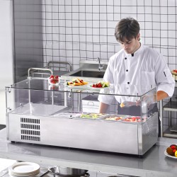 Työtason jäähdytetty lisäketaso ruostumattomasta teräksestä kuudella astiolla karkaistulla lasisuojalla