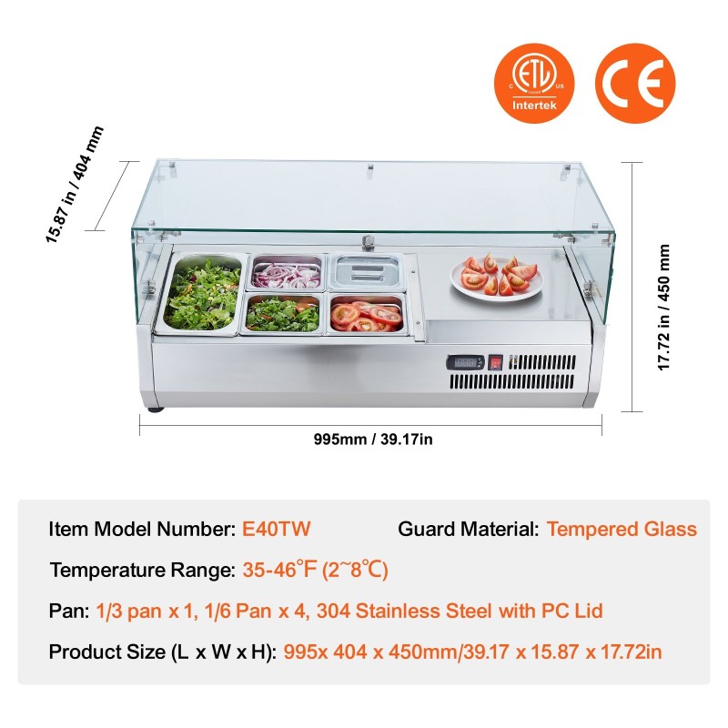 Pöytämallinen jäähdytetty lisäkeasema 304-ruostumaton teräs 1/3- ja 1/6-astiat karkaistu lasisuoja