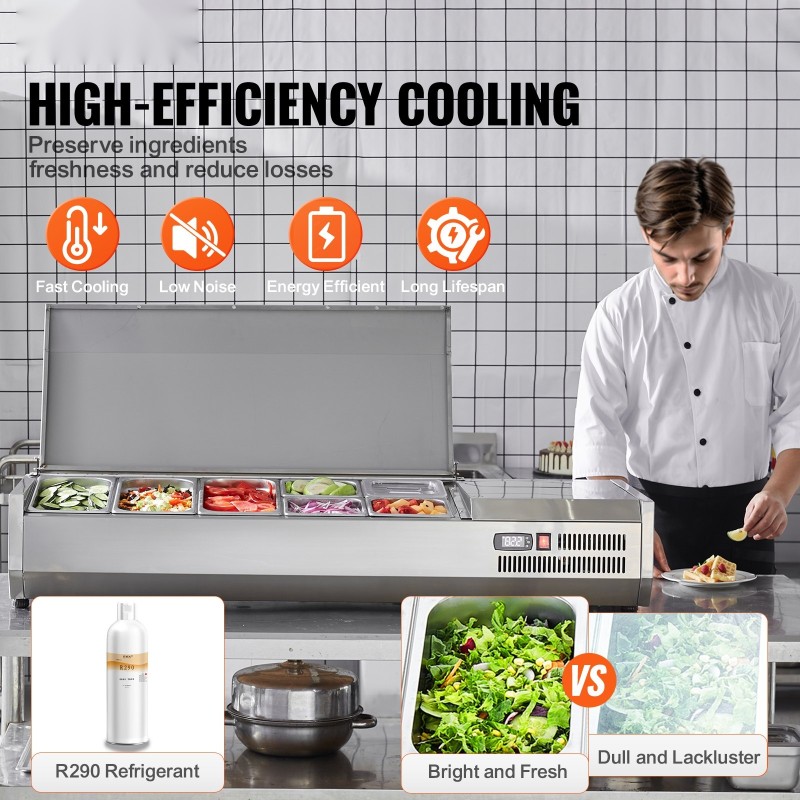 Työtason jäähdytetty lisäkeasema 304-ruostumatonta terästä 3 kpl 1/3-astioita ja 4 kpl 1/6-astioita