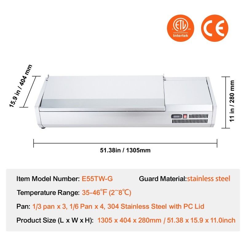 Työtason jäähdytetty lisäkeasema 304-ruostumatonta terästä 3 kpl 1/3-astioita ja 4 kpl 1/6-astioita