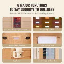 Kaukoinfrapunasauna puusta 1–2 henkilölle karkaistu lasiovi langattomat kaiuttimet kromoterapia-valaistus