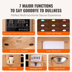 Kauko-infrapunasauna hemlock-puusta kahdelle sisäkäyttöön karkaistu lasiovi monivärinen LED-valaistus Bluetooth-kaiuttimet