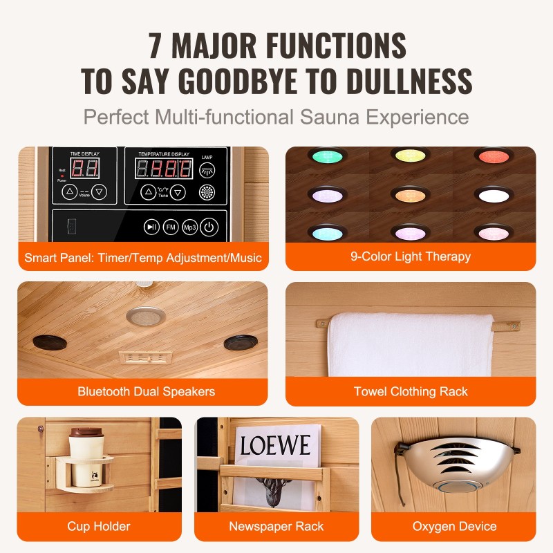 Kauko-infrapunasauna hemlock-puusta kahdelle sisäkäyttöön karkaistu lasiovi monivärinen LED-valaistus Bluetooth-kaiuttimet