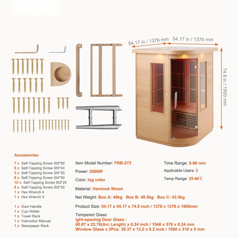 Kauko-infrapunasauna hemlock-puusta kahdelle sisäkäyttöön karkaistu lasiovi monivärinen LED-valaistus Bluetooth-kaiuttimet