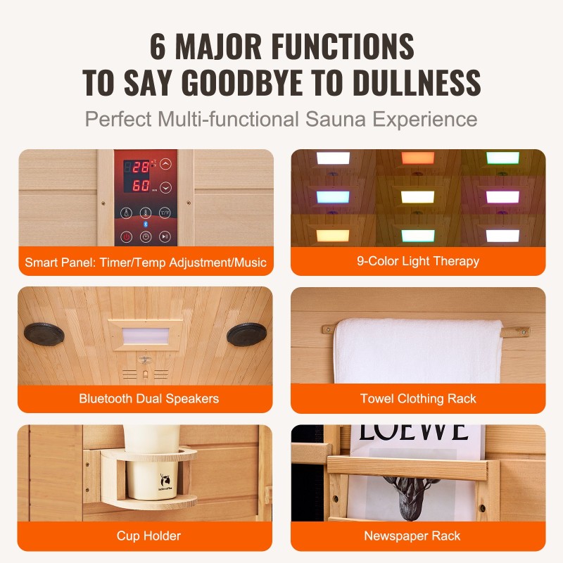 Kaukoinfrapunasauna hemlock-puinen runko 2 hengelle 1800W karkaistu lasiovi kaksi Bluetooth-kaiutinta matala EMF-taso