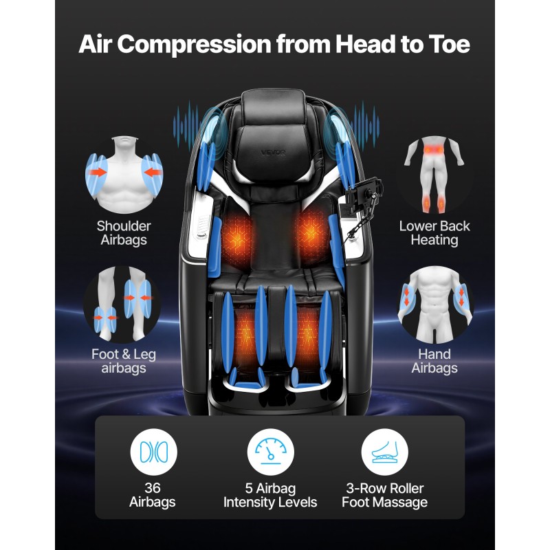 Koko kehon hierontatuoli kaksoisydin 4D ja 3D hierontamekanismilla laajennetulla SL-kiskolla sähköisellä jalkatuella