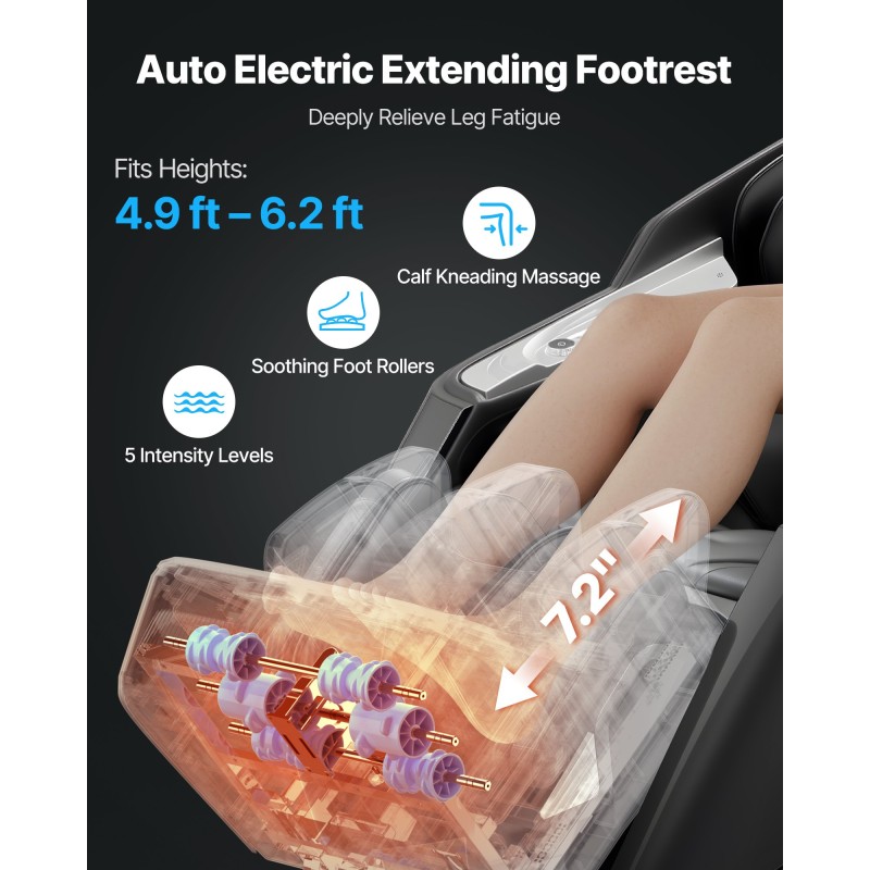 Koko kehon hierontatuoli kaksoisydin 4D ja 3D hierontamekanismilla laajennetulla SL-kiskolla sähköisellä jalkatuella