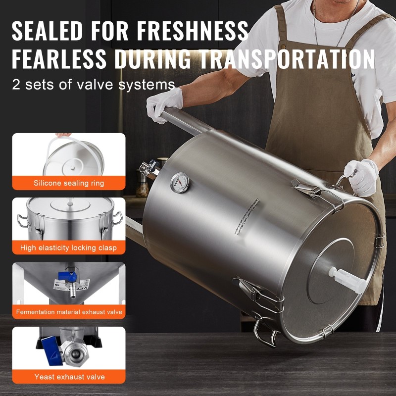 Käymisastia 304-ruostumattomasta teräksestä 60 l sisäänrakennetulla lämpömittarilla ja tiiviillä kannella