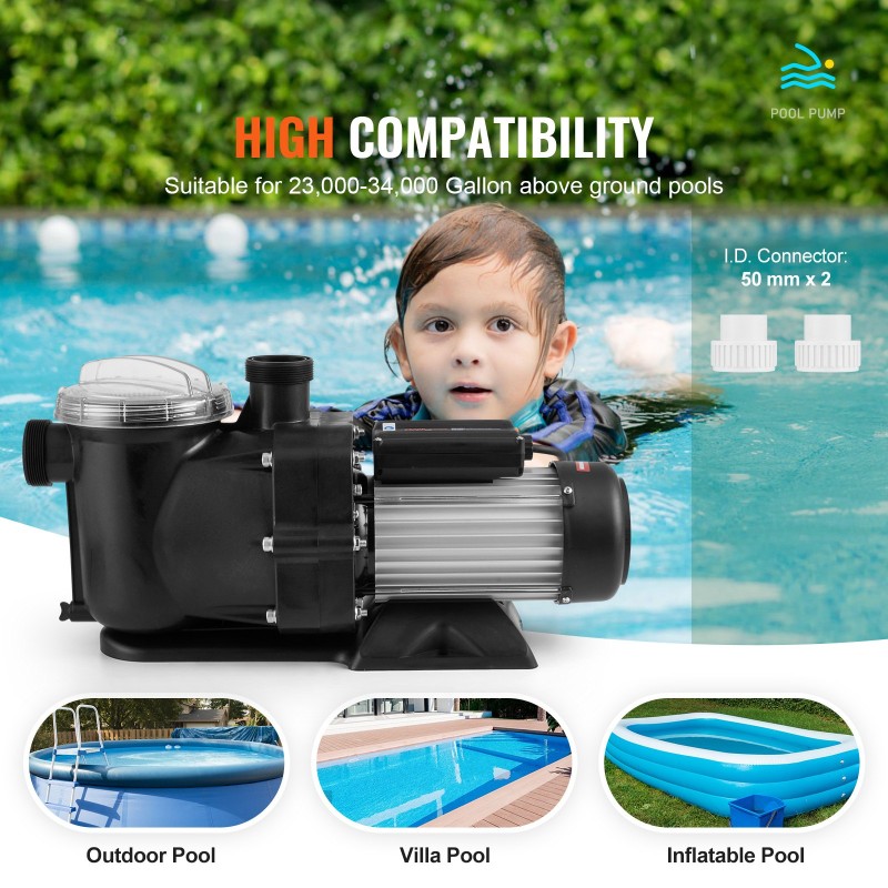 Yksinopeuksinen allaspumppu 1,5HP 1118W 378 l/min 15 m nostokorkeus vahvistettu PP-muovirunko suodatinkori