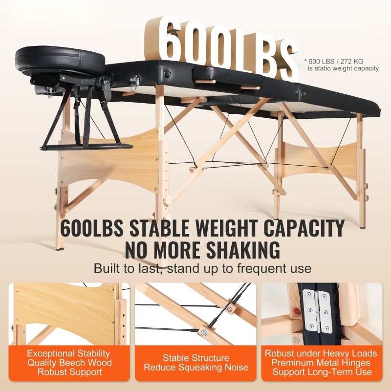 Kaksiosainen taittuva hierontapöytä pyökkirunko PVC nahka 700 mm leveä 50 mm vaahtomuovipehmuste
