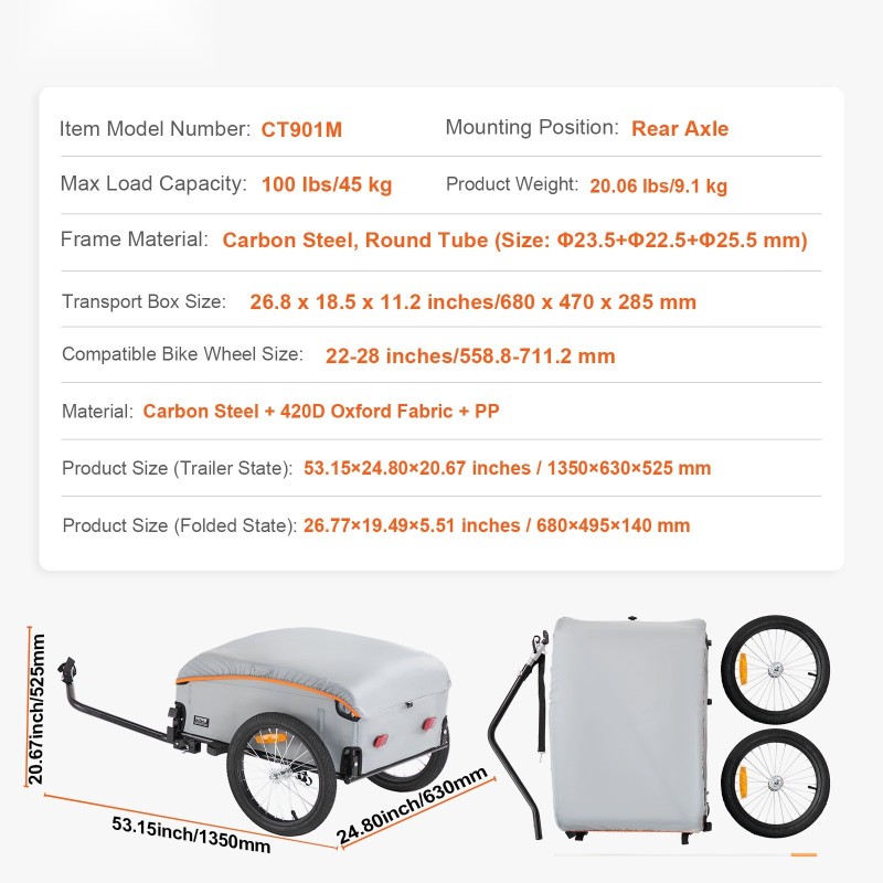 Polkupyörän tavaraperäkärry hiiliteräsrunko 45 kg kantavuus taittuva sopii 22–28 tuuman pyöriin