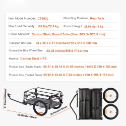 Polkupyörän tavaraperäkärry hiiliteräsrunko taittuva 72,5 kg 40,6 cm renkailla 22–28 tuumaa