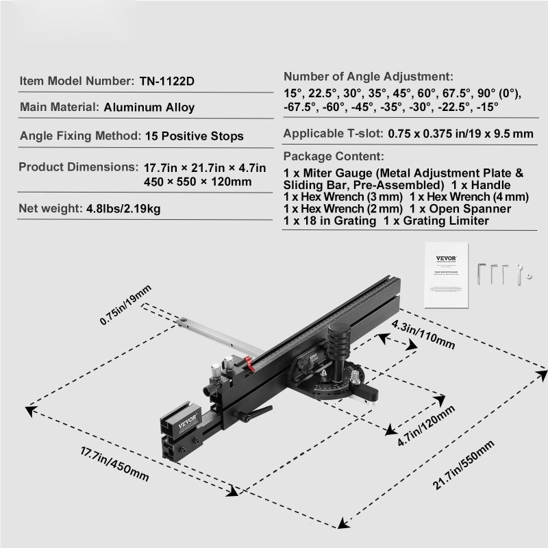 Jiiriura pöytäsahaan alumiiniseos 19x9,5mm ura 48–89cm ohjain 15 pysäytyspistettä