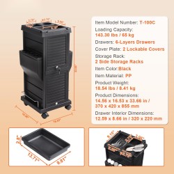 Salonkikärry musta PP-muovi, 6 irrotettavaa laatikkoa, 2 lukittavaa kantta, pyörillä