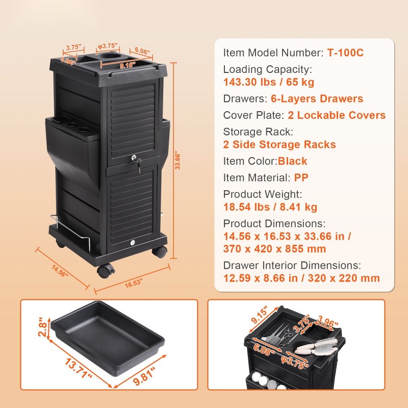 Salonkikärry musta PP-muovi, 6 irrotettavaa laatikkoa, 2 lukittavaa kantta, pyörillä