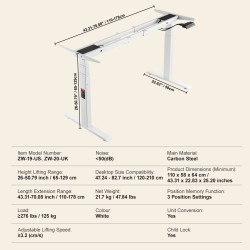 Sähköinen säädettävä työpöydän runko teräs kaksoismoottori 65–129 cm pituudensäätö 110–178 cm valkoinen