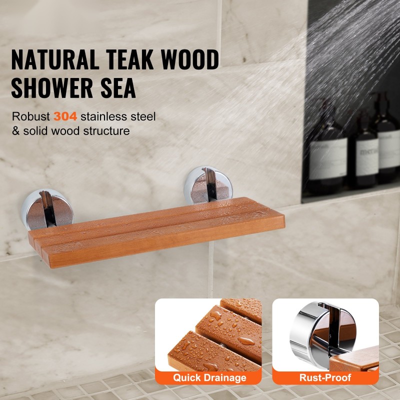 Seinään kiinnitettävä taitettava tiikkipuu suihkuistuin 199,6 kilogramman kantavuus