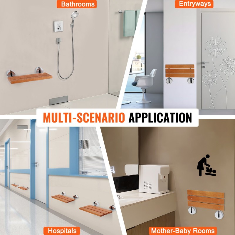 Seinään kiinnitettävä taitettava tiikkipuu suihkuistuin 199,6 kilogramman kantavuus