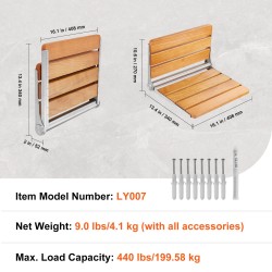 Seinään kiinnitettävä taittuva suihkuistuin täystammesta 40,9×34 cm 199,6 kg