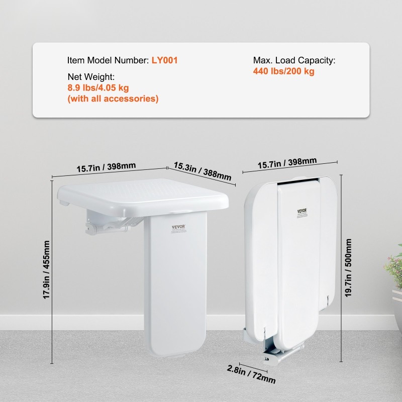 Suihkuistuin ABS-muovinen seinään kiinnitettävä taitettava 200 kg kantavuus