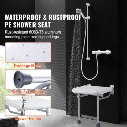 Taitettava seinään kiinnitettävä suihkuistuin PE-muovi 15,7 x 14,8 tuumaa 227 kg kantavuus