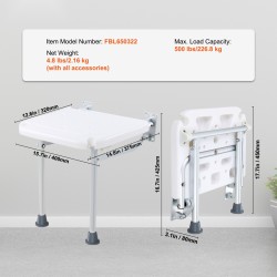 Taitettava seinään kiinnitettävä suihkuistuin PE-muovi 15,7 x 14,8 tuumaa 227 kg kantavuus