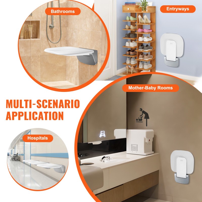 Taittuva seinäkiinnitteinen muovinen suihkuistuin 34,5×32,5 cm 204 kg